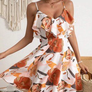 Boho Floral Print Ruffle Trim Cami Dress